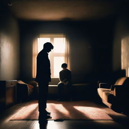 A man sitting on a couch in a dimly lit room, with a girl standing behind him