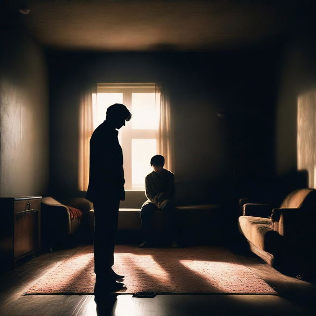 A man sitting on a couch in a dimly lit room, with a girl standing behind him