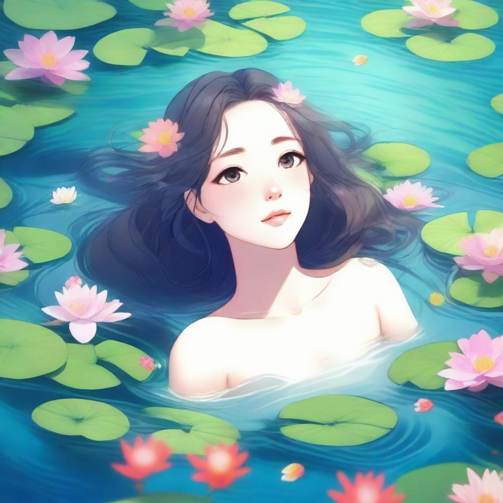 A beautiful girl with flowing hair swims gracefully in a serene river, surrounded by lush greenery and vibrant flowers