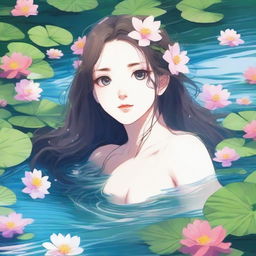 A beautiful girl with flowing hair swims gracefully in a serene river, surrounded by lush greenery and vibrant flowers