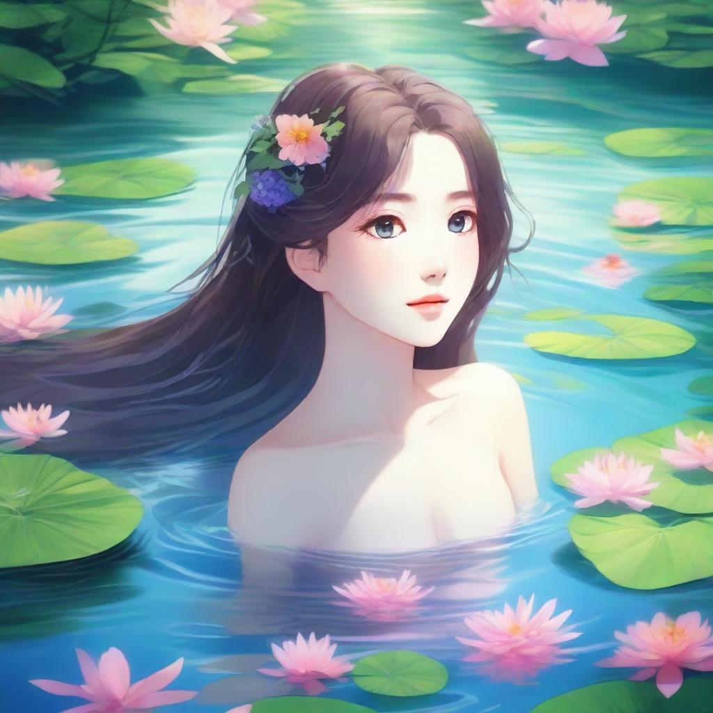 A beautiful girl with flowing hair swims gracefully in a serene river, surrounded by lush greenery and vibrant flowers