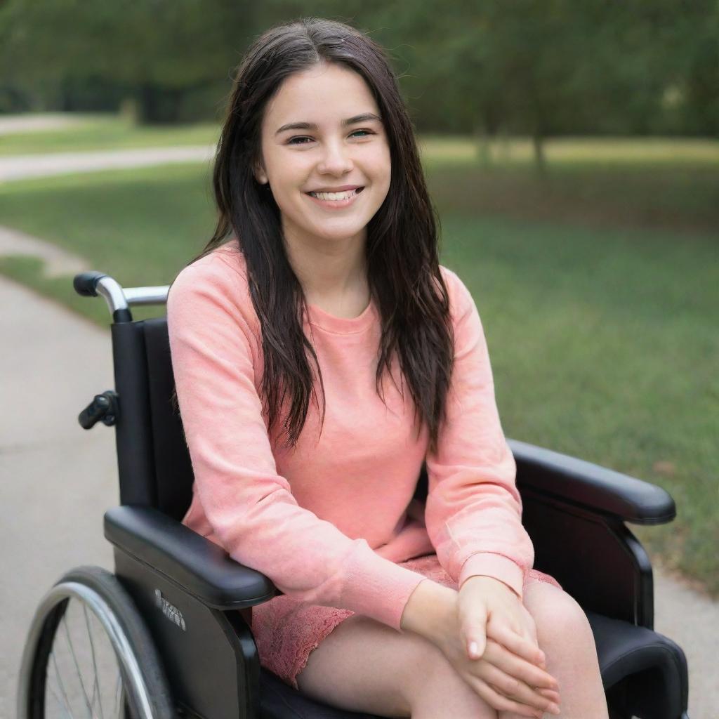 A strong and radiant girl with dark hair, despite missing her limbs, radiates positivity while sitting on her wheelchair with a winnning smile