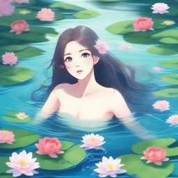 A beautiful girl with flowing hair swims gracefully in a serene river, surrounded by lush greenery and vibrant flowers