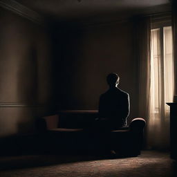 A dark novel cover featuring a man sitting on a couch in a dimly lit room