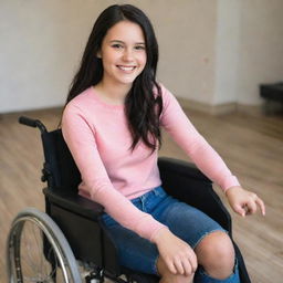 A strong and radiant girl with dark hair, despite missing her limbs, radiates positivity while sitting on her wheelchair with a winnning smile