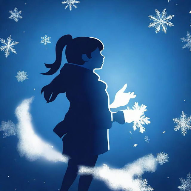A dark blue background with a girl's shadow showcasing her superpower of snow and freezing