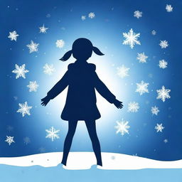 A dark blue background with a girl's shadow showcasing her superpower of snow and freezing