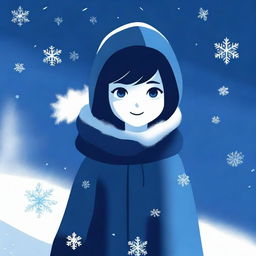 A dark blue background with a girl's shadow showcasing her superpower of snow and freezing