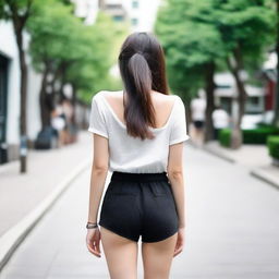 A back view of an Asian girl wearing black shorts