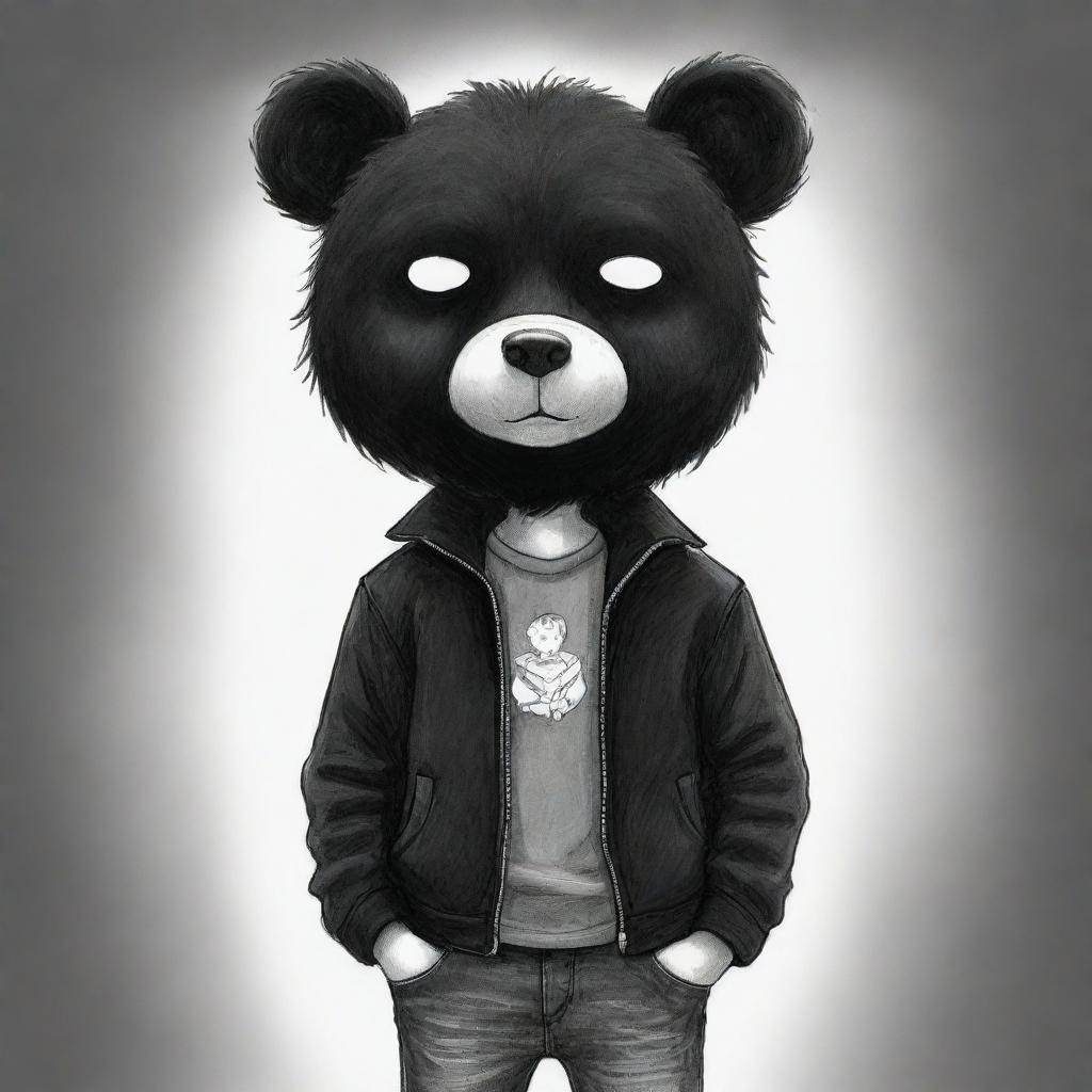 A charming cartoon sketch of a boy with black hair, dressed in black jeans and a black jacket, intriguingly concealed behind a black bear mask.