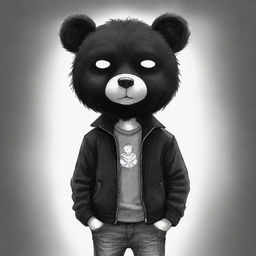 A charming cartoon sketch of a boy with black hair, dressed in black jeans and a black jacket, intriguingly concealed behind a black bear mask.