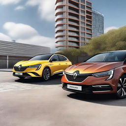 A detailed and realistic image of a Renault Megane parked next to a Renault Espace