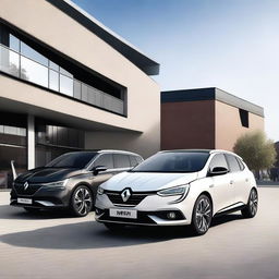 A detailed and realistic image of a Renault Megane parked next to a Renault Espace