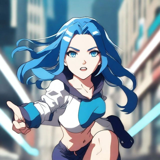 A girl with blue hair, one blue eye and one white eye, showcasing her superpower