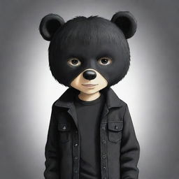 A charming cartoon sketch of a boy with black hair, dressed in black jeans and a black jacket, intriguingly concealed behind a black bear mask.