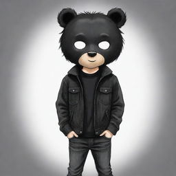 A charming cartoon sketch of a boy with black hair, dressed in black jeans and a black jacket, intriguingly concealed behind a black bear mask.