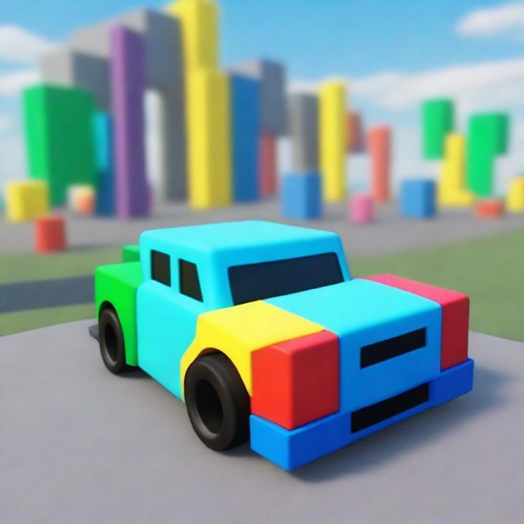 A real-life car designed in the style of Roblox, featuring blocky shapes and vibrant colors