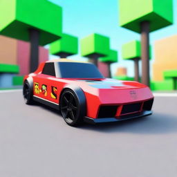 A real-life car designed in the style of Roblox, featuring blocky shapes and vibrant colors