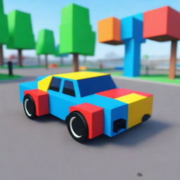 A real-life car designed in the style of Roblox, featuring blocky shapes and vibrant colors