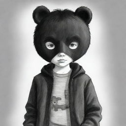 A charming cartoon sketch of a boy with black hair, dressed in black jeans and a black jacket, intriguingly concealed behind a black bear mask.