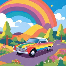 A colorful and vibrant illustration of a car with a rainbow paint job, symbolizing pride and inclusivity