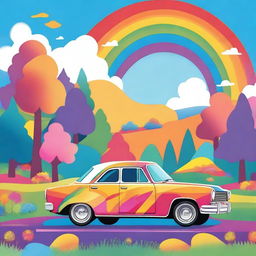 A colorful and vibrant illustration of a car with a rainbow paint job, symbolizing pride and inclusivity