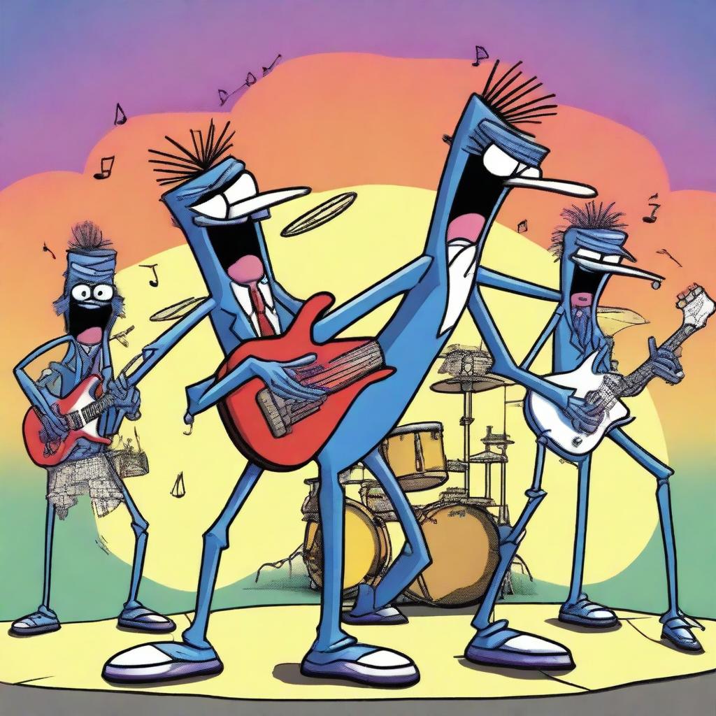 A detailed illustration of Mordecai and the Rigbys, the fictional band from the animated series Regular Show