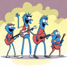 A detailed illustration of Mordecai and the Rigbys, the fictional band from the animated series Regular Show