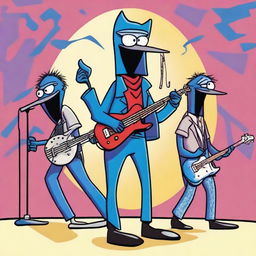 A detailed illustration of Mordecai and the Rigbys, the fictional band from the animated series Regular Show