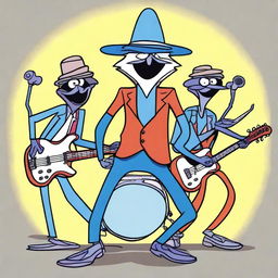 A detailed illustration of Mordecai and the Rigbys, the fictional band from the animated series Regular Show