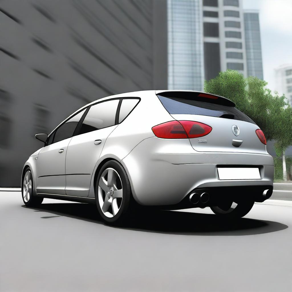 A 2003 Seat Leon with an exaggeratedly large and thick exhaust pipe