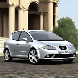 A 2003 Seat Leon with an exaggeratedly large and thick exhaust pipe