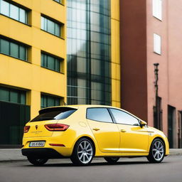 A bright yellow 2003 Seat Cupra with a large exhaust pipe, parked in an urban setting