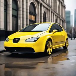 A bright yellow 2003 Seat Cupra with a large exhaust pipe, parked in an urban setting