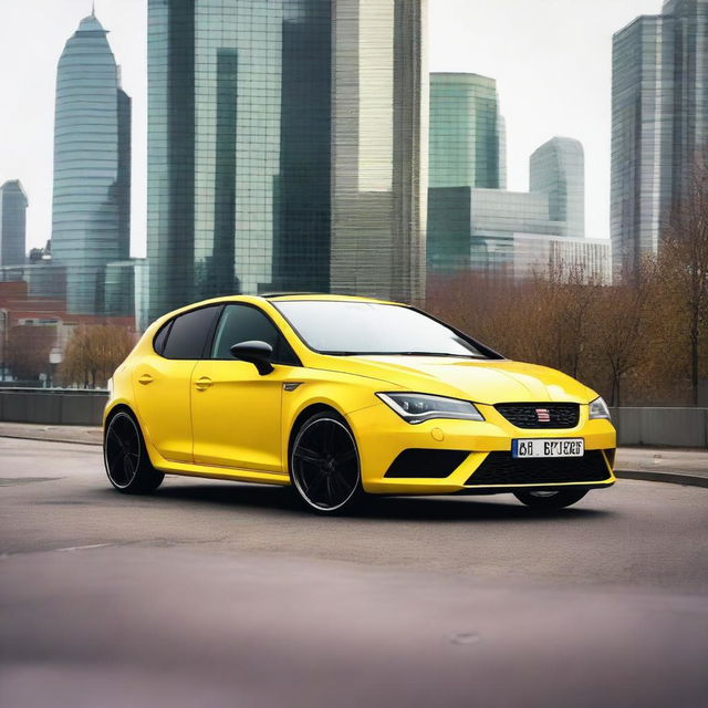 A bright yellow 2003 Seat Cupra with a large exhaust pipe, parked in an urban setting