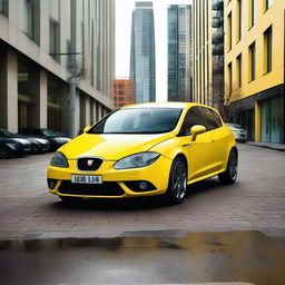 A bright yellow 2003 Seat Cupra with a large exhaust pipe, parked in an urban setting