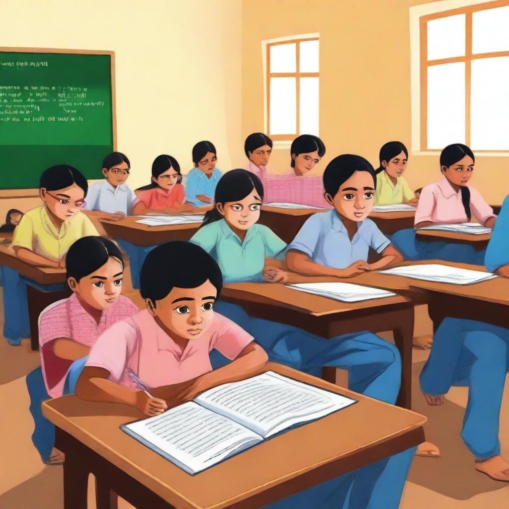 A realistic depiction of the Sarva Shiksha Abhiyan initiative in India, showcasing children from diverse backgrounds studying together in a classroom