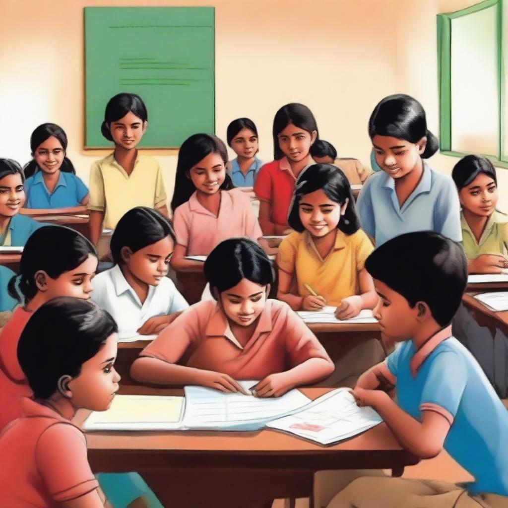 A realistic depiction of the Sarva Shiksha Abhiyan initiative in India, showcasing children from diverse backgrounds studying together in a classroom