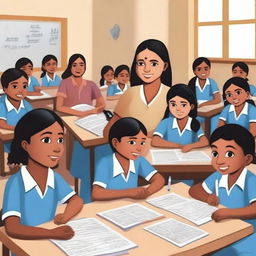 A realistic depiction of the Sarva Shiksha Abhiyan initiative in India, showcasing children from diverse backgrounds studying together in a classroom