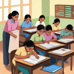 A realistic depiction of the Sarva Shiksha Abhiyan initiative in India, showcasing children from diverse backgrounds studying together in a classroom