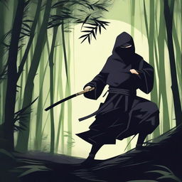 A highly skilled ninja dressed in traditional black attire, moving stealthily through a dense bamboo forest under the moonlight