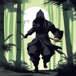 A highly skilled ninja dressed in traditional black attire, moving stealthily through a dense bamboo forest under the moonlight