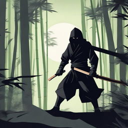 A highly skilled ninja dressed in traditional black attire, moving stealthily through a dense bamboo forest under the moonlight