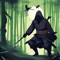 A highly skilled ninja dressed in traditional black attire, moving stealthily through a dense bamboo forest under the moonlight