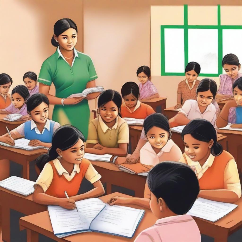 A realistic depiction of the Sarva Shiksha Abhiyan initiative in India, showcasing children from diverse backgrounds studying together in a classroom