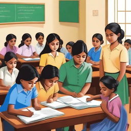 A realistic depiction of the Sarva Shiksha Abhiyan initiative in India, showcasing children from diverse backgrounds studying together in a classroom