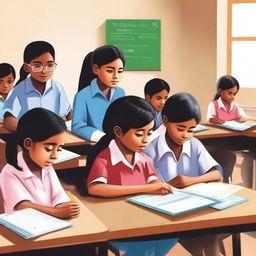 A realistic depiction of the Sarva Shiksha Abhiyan initiative in India, showcasing children from diverse backgrounds studying together in a classroom