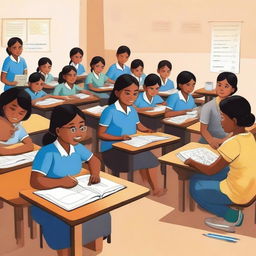 A realistic depiction of the Sarva Shiksha Abhiyan initiative in India, showcasing children from diverse backgrounds studying together in a classroom