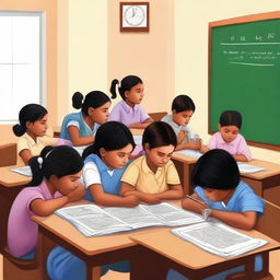 A realistic depiction of the Sarva Shiksha Abhiyan initiative in India, showcasing children from diverse backgrounds studying together in a classroom