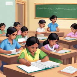 A realistic depiction of the Sarva Shiksha Abhiyan initiative in India, showcasing children from diverse backgrounds studying together in a classroom